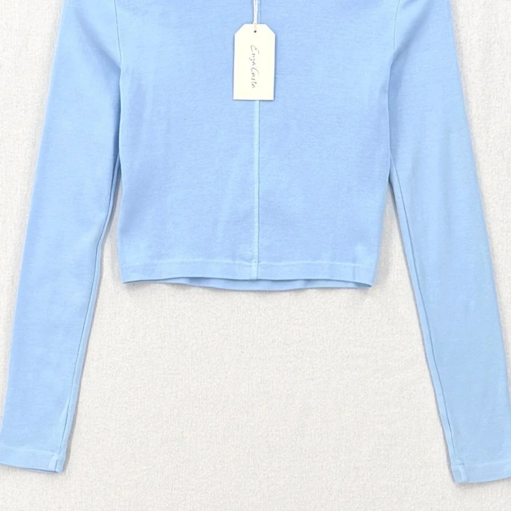 ENZA COSTA Supima Baby Rib Long Sleeve Cropped Top Womens Small Blue Crew Tee - Picture 8 of 12